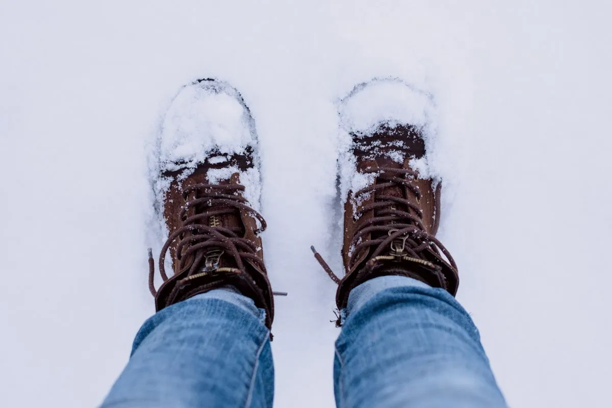 Winter boots in fresh snow, standing in for heated insoles